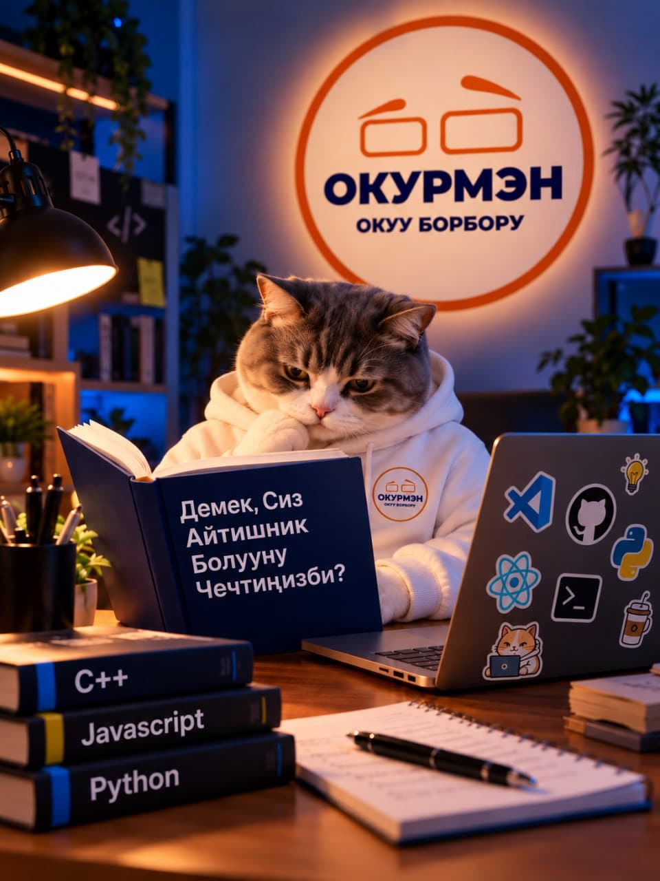 Мышык менен окуучу китеп жана ноутбук аркылуу IT үйрөнүп жатышат